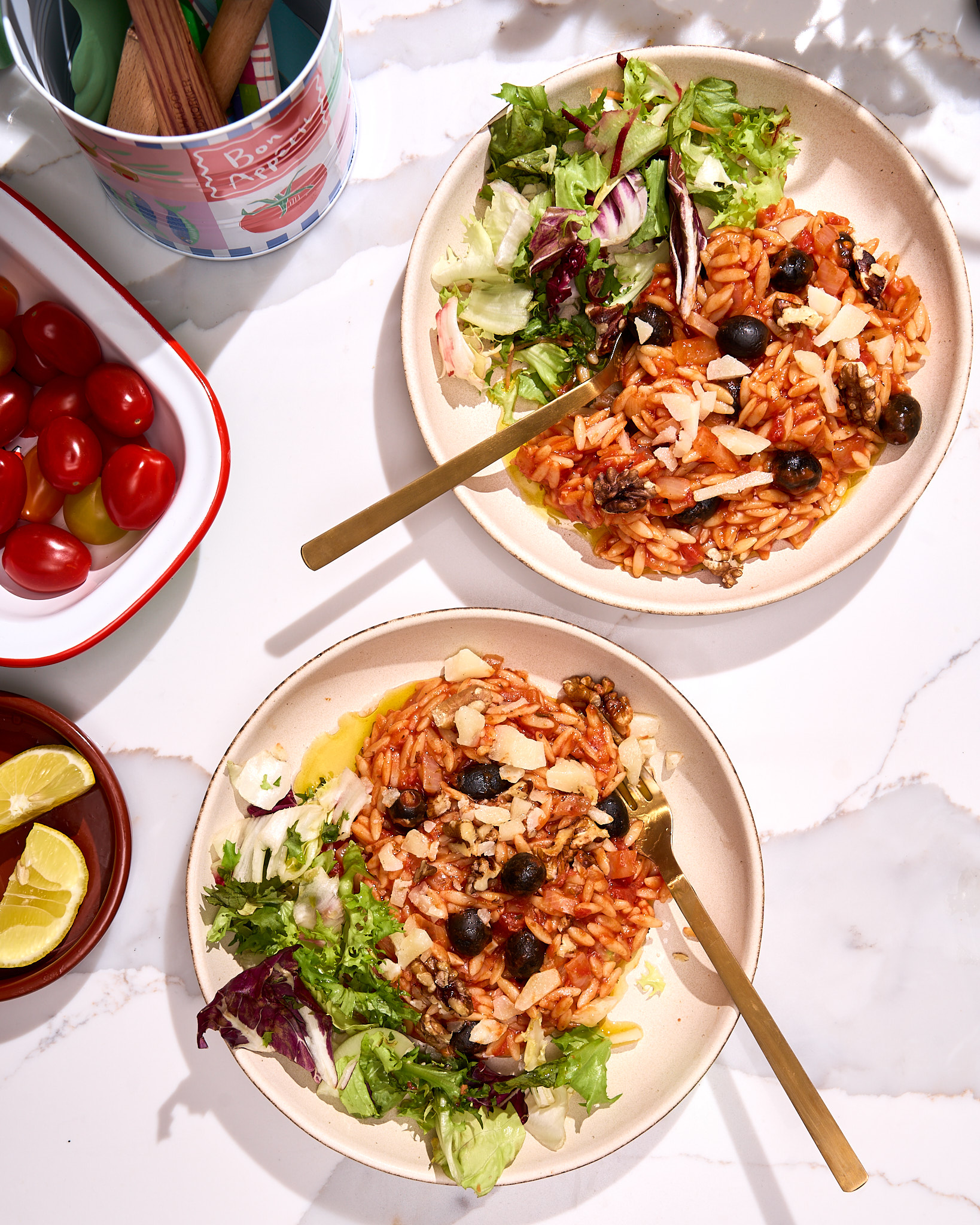 Tomato orzo recipe photography for The MAZI Project